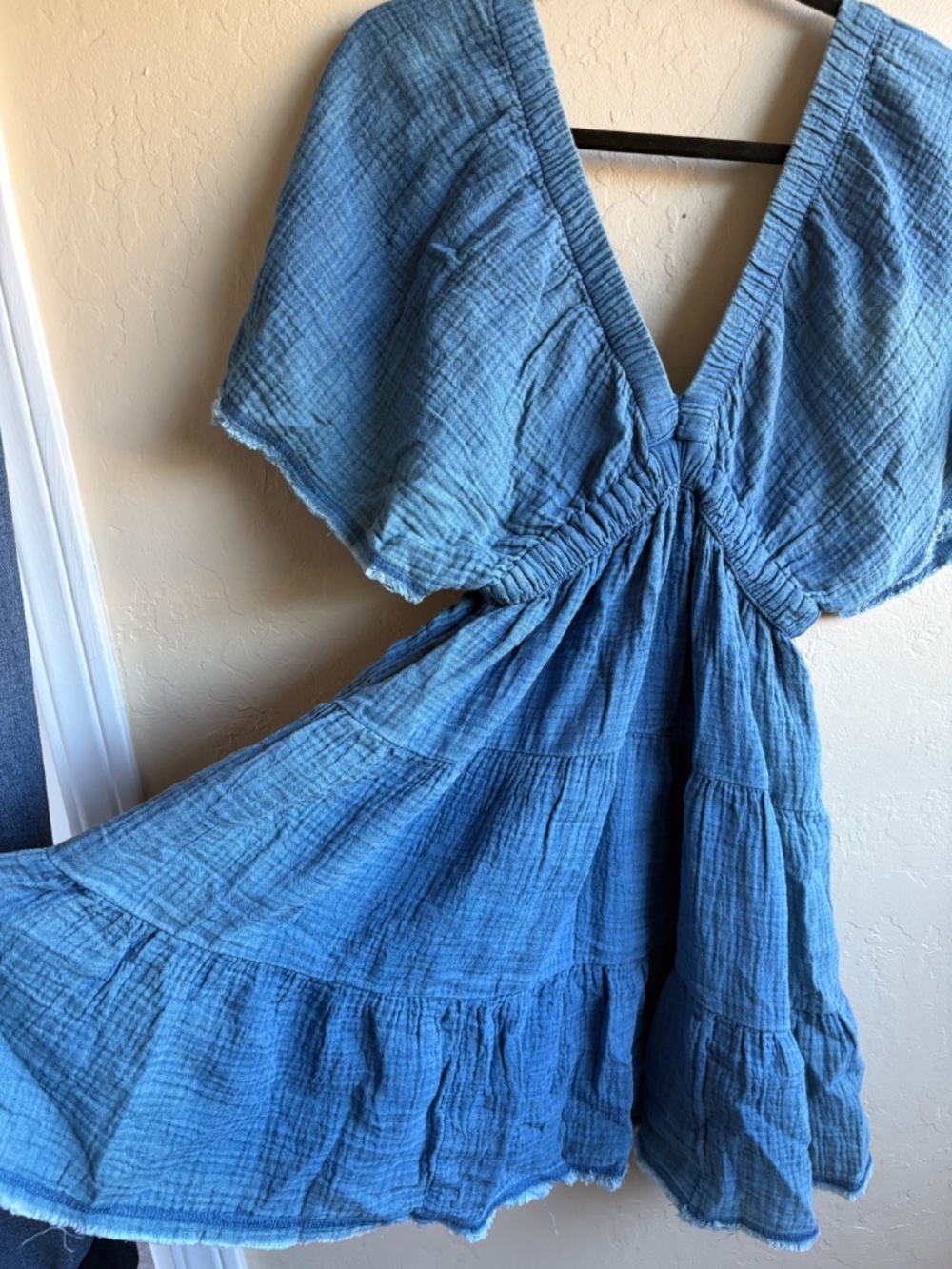 aerie Blue Tiered Gauze V-Neck Dress - Picture 3 of 5